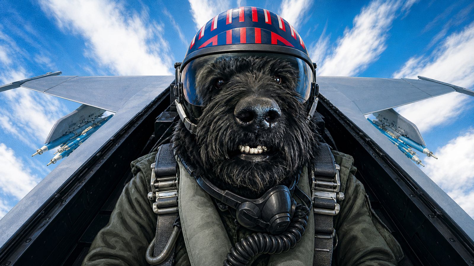 Maverick, a black goldendoodle wearing a stars-and-stripes flight helmet, at the controls of a fighter jet.